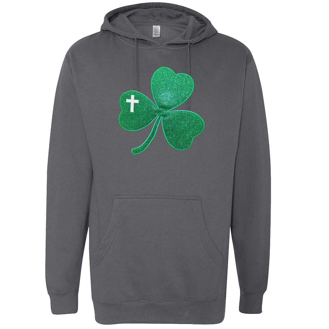 Embroidered Glitter Shamrock with Cross Hoodie