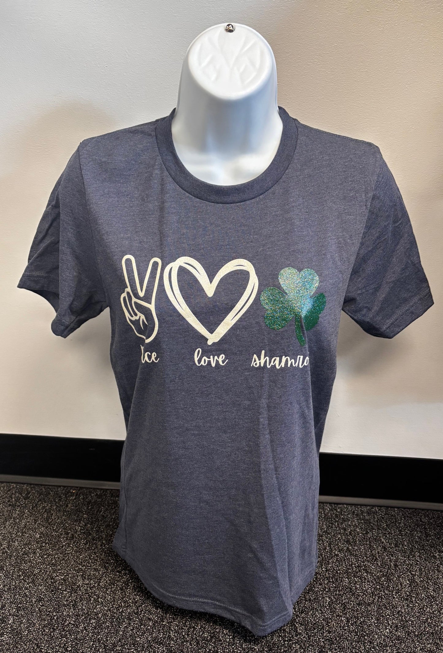 Peace, Love, Shamrocks Glitter Adult Tee