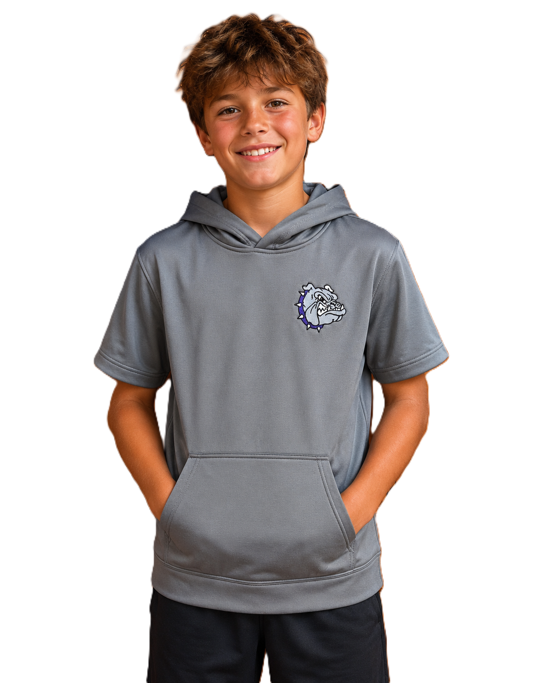 Embroidered Bulldog Youth Short Sleeve Hooded Pullover
